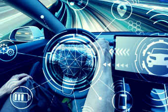 Futuristic view of a car interior with a driver, showcasing digital HUD overlays, icons representing autonomous driving, navigation, battery, and connectivity, symbolizing automotive technology and the future of the automobile industry.