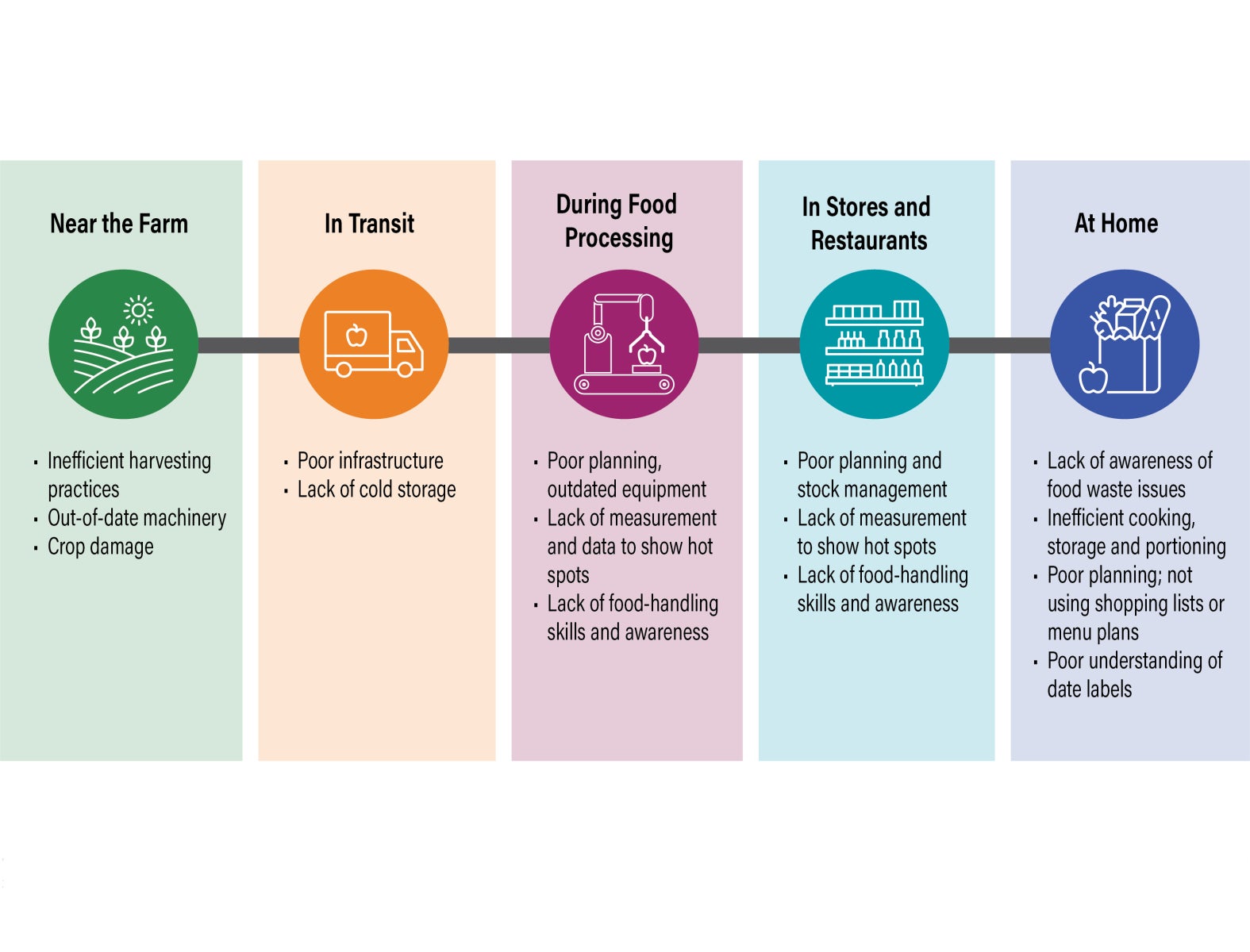 
Near the Farm:
Inefficient harvesting
Poor infrastructure and practices
Lack of cold storage
Crop damage
In Transit:
Poor planning
Outdated equipment
Lack of data to highlight waste hot spots
During Food Processing:
Out-of-date machinery
Lack of measurement and data
Lack of food-handling skills
In Stores and Restaurants:
Poor planning and stock management
Lack of awareness of food waste issues
At Home:
Inefficient cooking, storage, and portioning
Poor planning (e.g., not using shopping lists)
Lack of awareness of food waste and poor understanding of date labels
