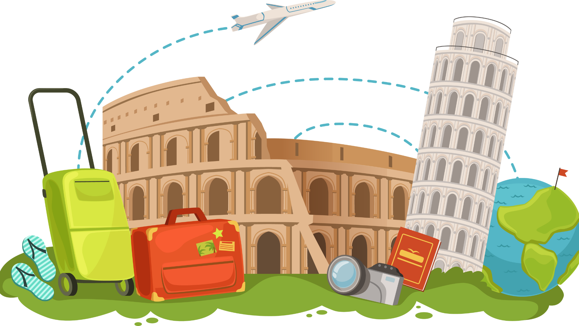 travel graphic showing italian sites luggage and a globe