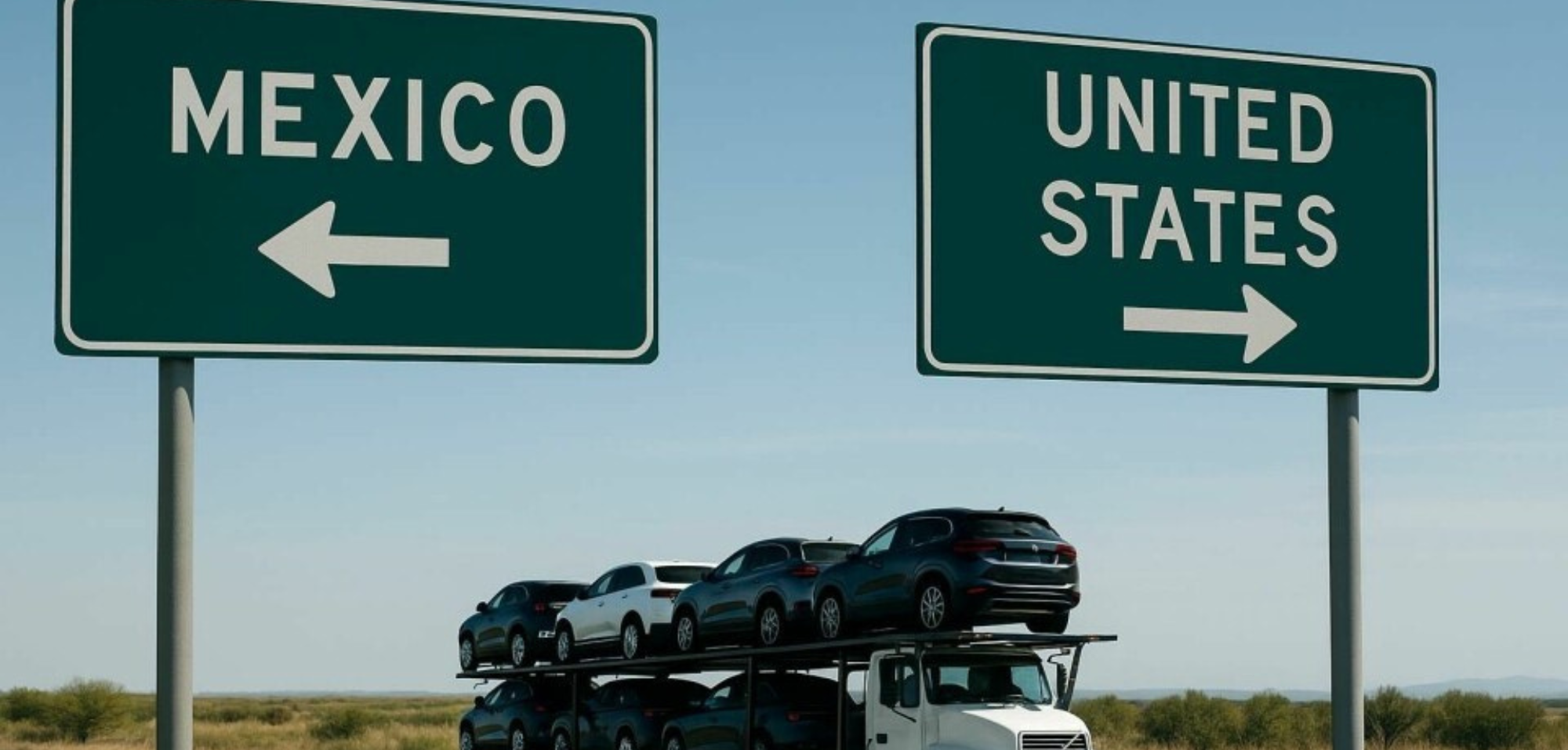 Semi-truck with cars loaded on its bed drives on a road between two signs: Mexico with left pointing arrow and United States with right pointing arrow