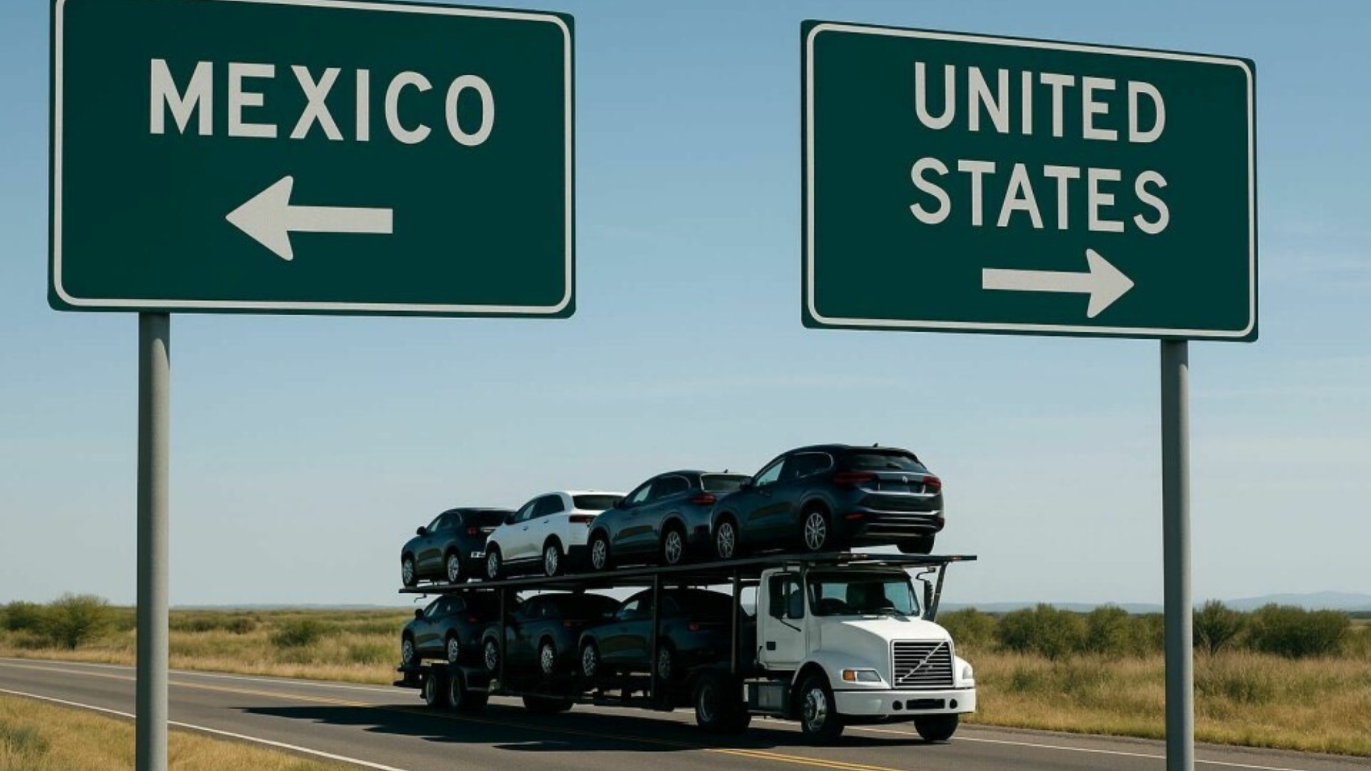 Semi-truck with cars loaded on its bed drives on a road between two signs: Mexico with left pointing arrow and United States with right pointing arrow